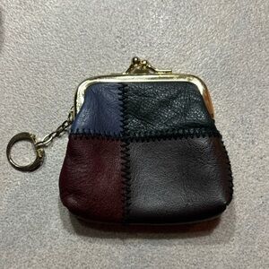 Vintage 1970s Hippie Boho Leather Patchwork Coin Purse with Attached Keychain